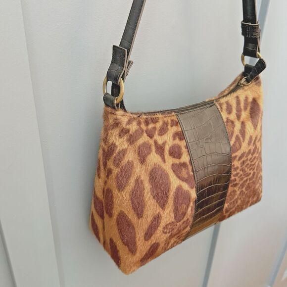 Coldwater Creek‎ Leopard Print Faux Fur Shoulder Bag Faux Crocodile Medium Purse - Picture 2 of 12